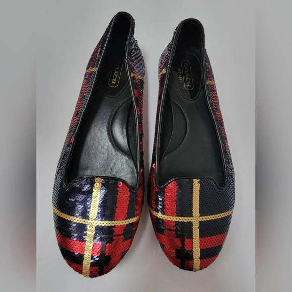 COACH Debrorah Tartan Sequin Flats Red, Gold, Black Size 6 - Picture 1 of 5